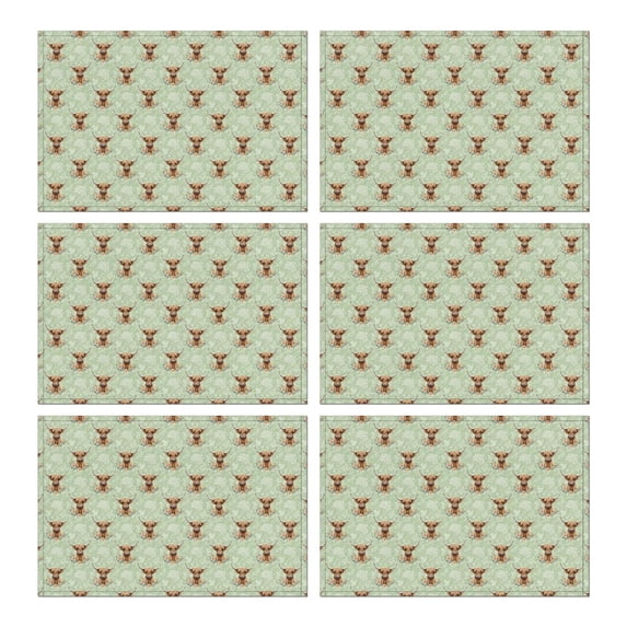 Green Highland Cow Flower Pattern Summer Placemats Table Placemats Set Of 6-Linen Kitchen Washable Placemats Table Mats 11.8"x17.7" Non-Slip Heat Resistant