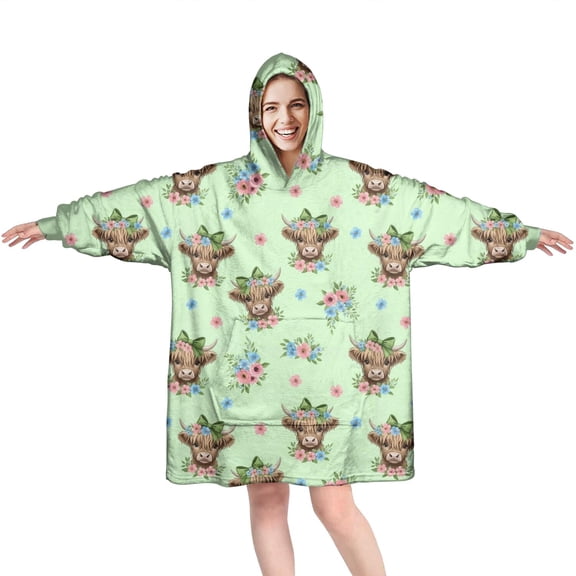 Green Highland Cow Flower Pattern Wearable Oversized Blanket,Wearable Blanket Hoodie for Adults,Cozy Hooded Blankets with Super Pockets,Super Warm Fuzzy Pullover for Women & Men