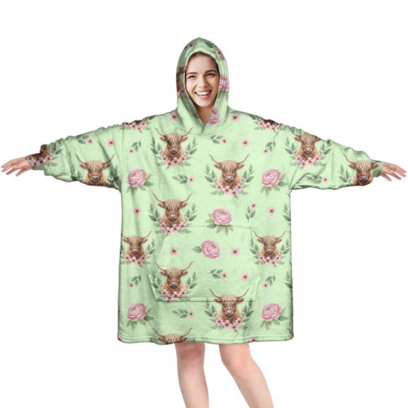 Green Highland Cow Flower Pattern Wearable Oversized Blanket,Wearable Blanket Hoodie for Adults,Cozy Hooded Blankets with Super Pockets,Super Warm Fuzzy Pullover for Women & Men