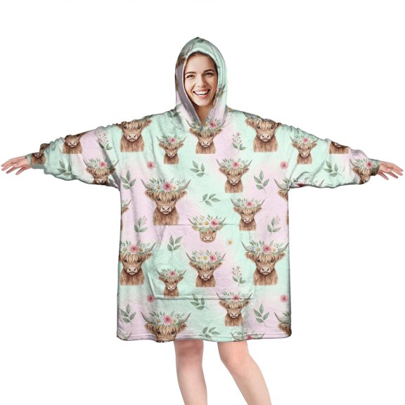 Green Highland Cow Flower Pattern Wearable Oversized Blanket,Wearable Blanket Hoodie for Adults,Cozy Hooded Blankets with Super Pockets,Super Warm Fuzzy Pullover for Women & Men