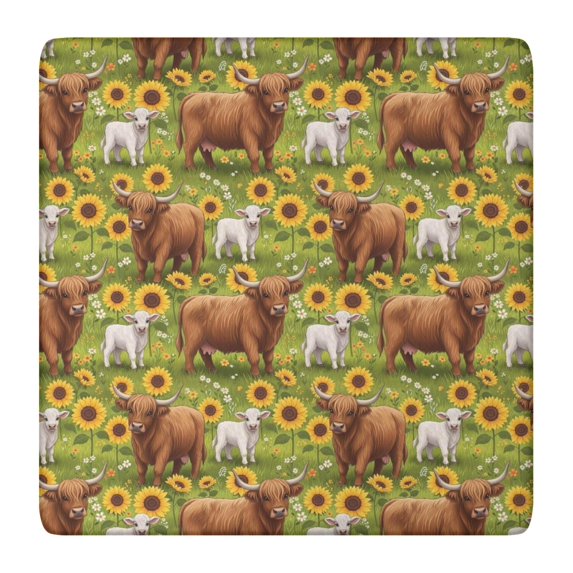 Green Highland Cow Sunflower Field Pattern Square Fitted Tablecloth with Elastic Edge,Square Table Cover,Washable Elastic Table Cover for Home Kitchen Party Decor 36"x36"