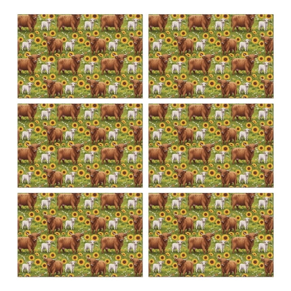 Green Highland Cow Sunflower Field Pattern Summer Placemats Table Placemats Set Of 6-Linen Kitchen Washable Placemats Table Mats 11.8"x17.7" Non-Slip Heat Resistant