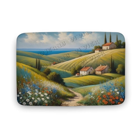 Green Hill Countryside Landscape Printed Coral velvet Bath Rug Funny Bathroom Rug,Comfort Bath Mat,Washable Shower Floor Carpet Rugs Room Dcor Non Slip Backing 20"x32"