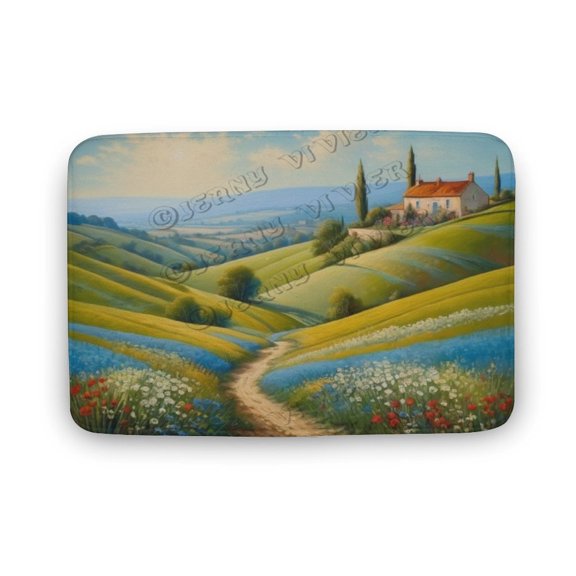 Green Hill Countryside Landscape Printed Coral velvet Bath Rug Funny Bathroom Rug,Comfort Velvet Bath Mat,Washable Bath Mat Shower Floor Carpet Rugs Room Dcor Accessories 16"x24"