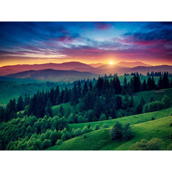 Art.com Green Hills Glowing by Warm Sunlight at Twilight. Dramatic Scene. Colorful Sky, Red Clouds. Carpath Photographic Print by Leonid Tit, 16" x 12"