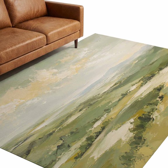 Green Hills Washable Area Rug 5 x 8 ft Summer Pastoral Valley Meadow Rustic Plain Soft Non‑Slip Rugs Stain Repellent Indoor Mats for Spacious Family Room, Long Dining‑Table, Sunroom