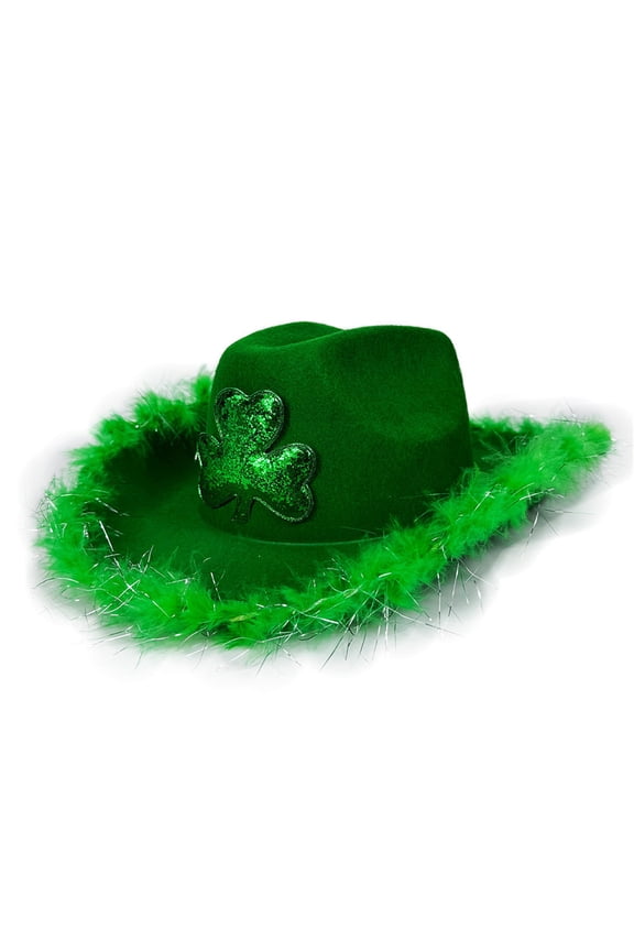 Green Homburg Glitters Hat with Shamrock Charm Rodeos Festive Hat Furry Brimmed for Irish Wear Unisex