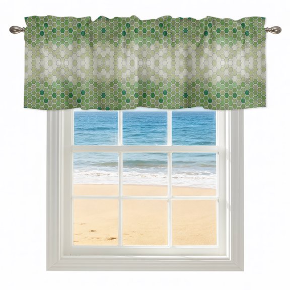Green Honeycomb Grid Valances for Windows, Rod Pocket Kitchen Valance Curtains - Soft & Washable Small Window Treatment for Living Room, Bathroom, Gradient Hexagonal Cells 42x12inch, 1 Panel