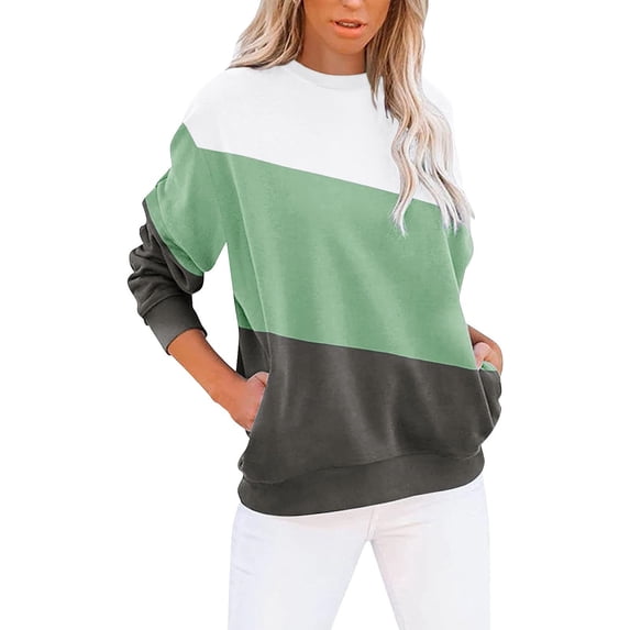 Green Hoodies for Women's Round Neck Colorblock Sweatshirt Tops Long Sleeves Casual Pullover Cute Lightweight Loose Tops Fall Tops for Women 2025