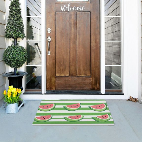 Green Horizontal Lines Cute Watermelons Doormats Welcome Mats Gate Pads Entryway Outdoor 32" x 20"