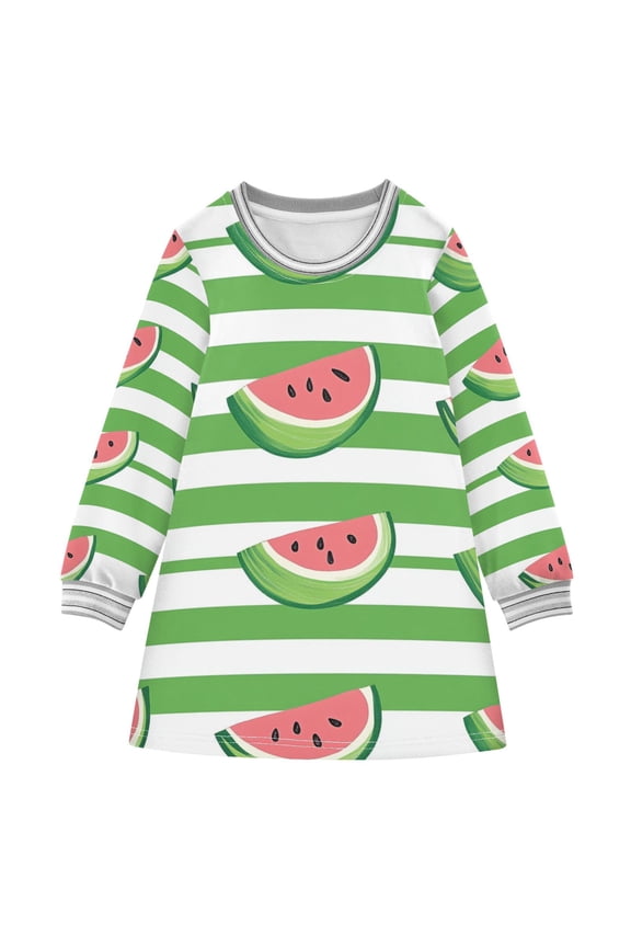 Green Horizontal Lines Cute Watermelons Long-sleeved Dress A-line One-Piece Dress for 2-8 Years Casual Party 2T