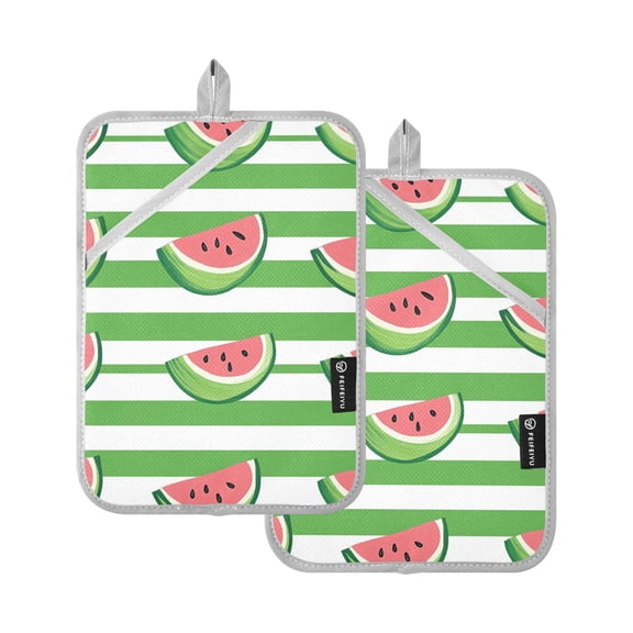 Green Horizontal Lines Cute Watermelons Pot Holder Heat Resistant Mat Oven Hot Pads Pocket Design Potholders Set of 2