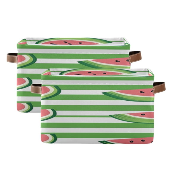 Green Horizontal Lines Cute Watermelons Square Storage Bins with Handles Collapsible Containing Box 2 Packs