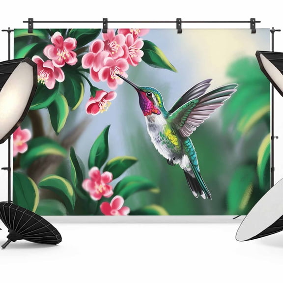 Green Hummingbird Backdrop for Photoshoot,Photography Photo Studio Background Wall Backdrop,Spring Summer Pink Flower Leaf Back Drop Banner Panel for Portraits Wedding Live Streaming Decor 8x6Ft