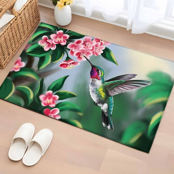 Green Hummingbird Bathroom Rug Washable 2x3 Entryway Rug Non Slip Spring Summer Pink Flower Leaf Front Door Mat Low Pile Indoor Doormat Throw Floor Carpet for Kitchen Bedroom Entrance