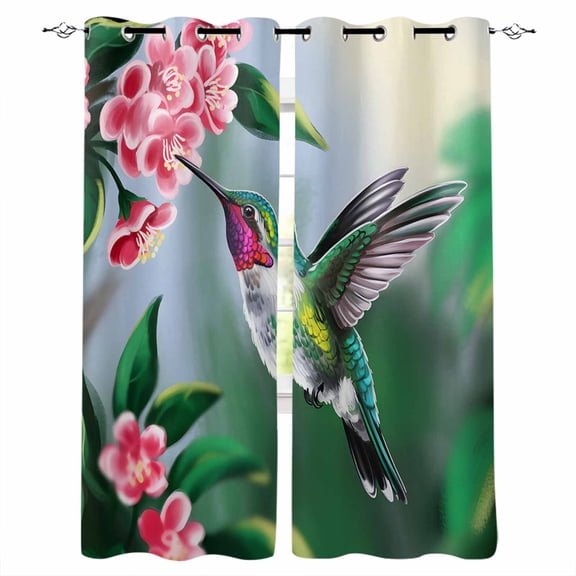 Green Hummingbird Blackout Curtains 45 Inches Long for Bedroom, Spring Summer Pink Flower Leaf Thermal Insulated Room Darkening Black Out Window Curtain Panels Grommet Drapes for Living Room