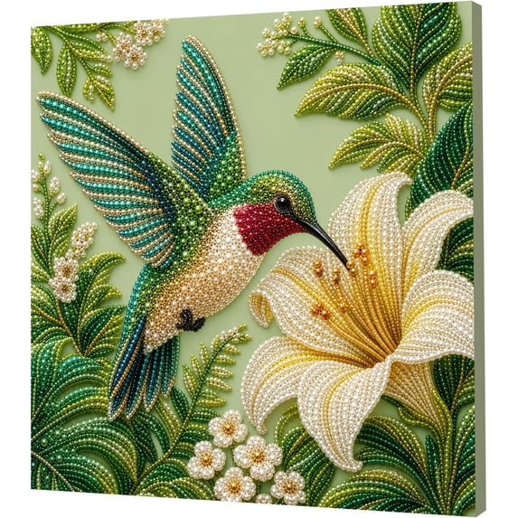 Green Hummingbird DIY Framed Pearl Painting Kit, Special Shaped Drill Diamond Art Painting Kit, Pearl Gem Art, 20x20cm