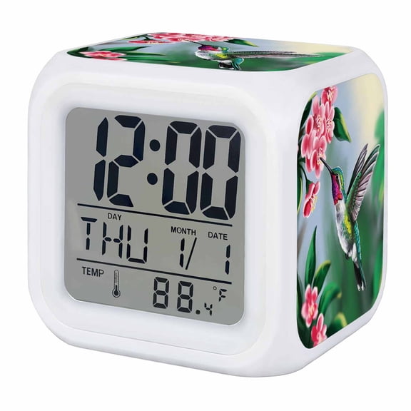 Green Hummingbird Digital Alarm Clock for Bedrooms, Smart LED Alarm Clock with 7 Color Changing Night Light, Spring Summer Pink Flower Leaf Silent Wake Up Clocks for Sleep Study Cooking 3.2"x3.2"