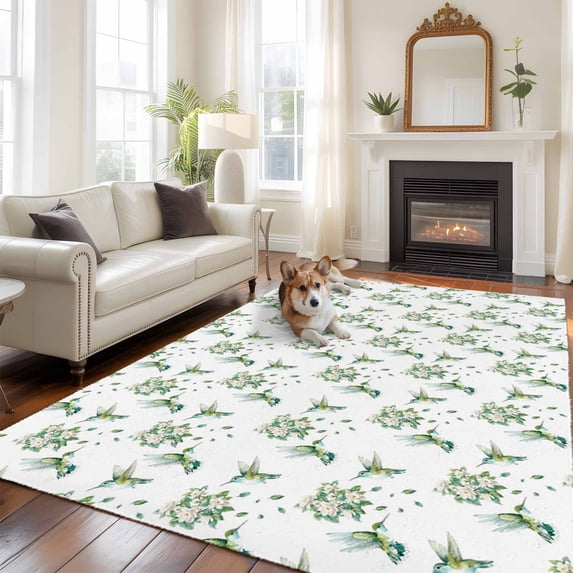 Green Hummingbird Large Area Rugs 6x9 ft Watercolor Summer Animal Garden Flower Leaf Washable Rug Non Slip Indoor Carpet Absorbent Floor Mat for Living Room Bedroom Dining Room
