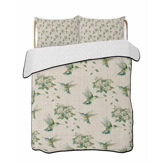 Green Hummingbird Quilts Bedding Set California King Summer Animal Garden Flower Leaf Retro Linen Texture Lightweight Quilted Bedspread 3 Piece Bed Quilt with 2 Pillow Shams for Bedroom 96" x 106"