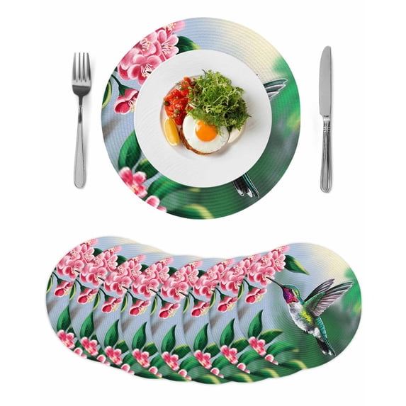 Green Hummingbird Round 13 Inch Placemats Set of 8, Spring Summer Pink Flower Leaf HeatResistant Non Slip Place Mats for Dining Table, Wipeable Braided Kitchen Table Mats for Housewarming