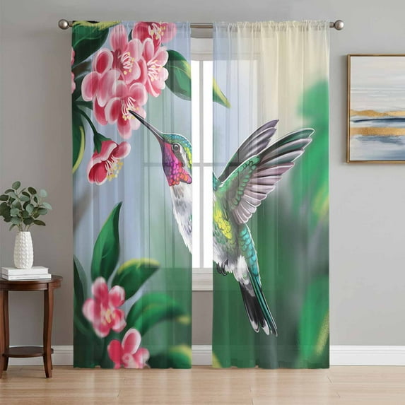 Green Hummingbird Semi Sheer Window Curtains 84 Inches Long, Spring Summer Pink Flower Leaf Rod Pocket Voile Silky Chiffon Curtain Light Filtering Drapes for Living Room, Kitchen, 52"x84", 2 Panels