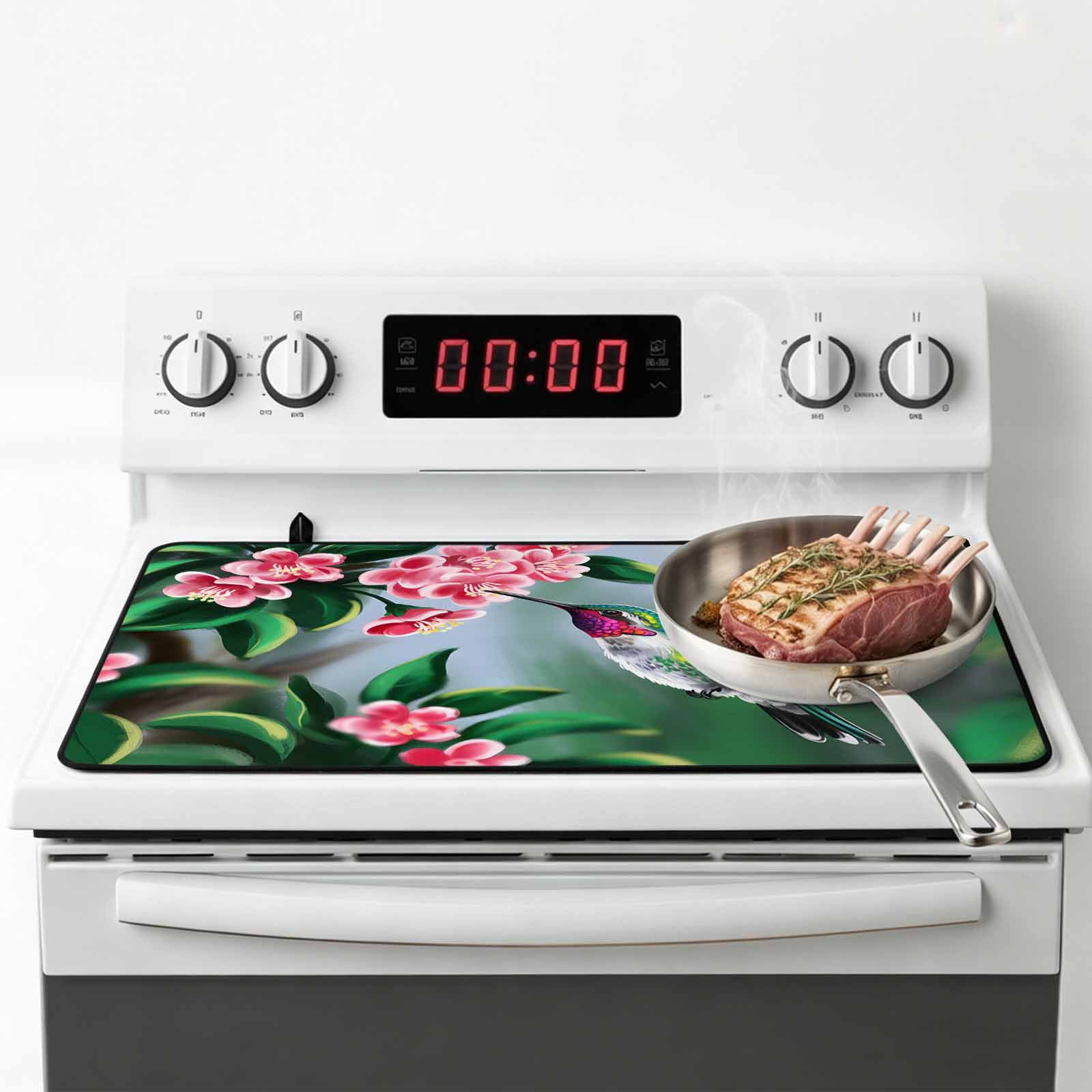 Green Hummingbird Stove Top Cover for Electric Stove, Heat-proof & Non Slip Glass Top Stove Cover Protector, Spring Summer Pink Flower Leaf Kitchen Flat Cooktop Rubber Mat 24x21 Inches