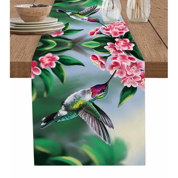 Green Hummingbird Table Runner Spring Summer Pink Flower Leaf Tablerunners 13 x 36 Inch, Table Decorations Tabletop Scarf for Summer Gathering Holiday Farmhouse Kitchen Dining Decor