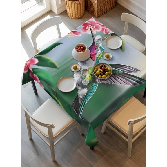 Green Hummingbird Tablecloth Square Table Cloth 54x54, Waterproof Outdoor Table Cloth Covers Decorative Table Protector, Spring Summer Pink Flower Leaf Washable Table Cover for Kitchen Dinning Party