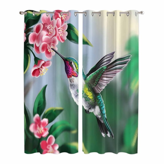 Green Hummingbird Window Curtains Panels with Silver Grommet, Spring Summer Pink Flower Leaf Kitchen Cafe Curtain Draperies Window Treatment Set for Living Room/Bedroom/Laundry Room/Bathroom, 84x84