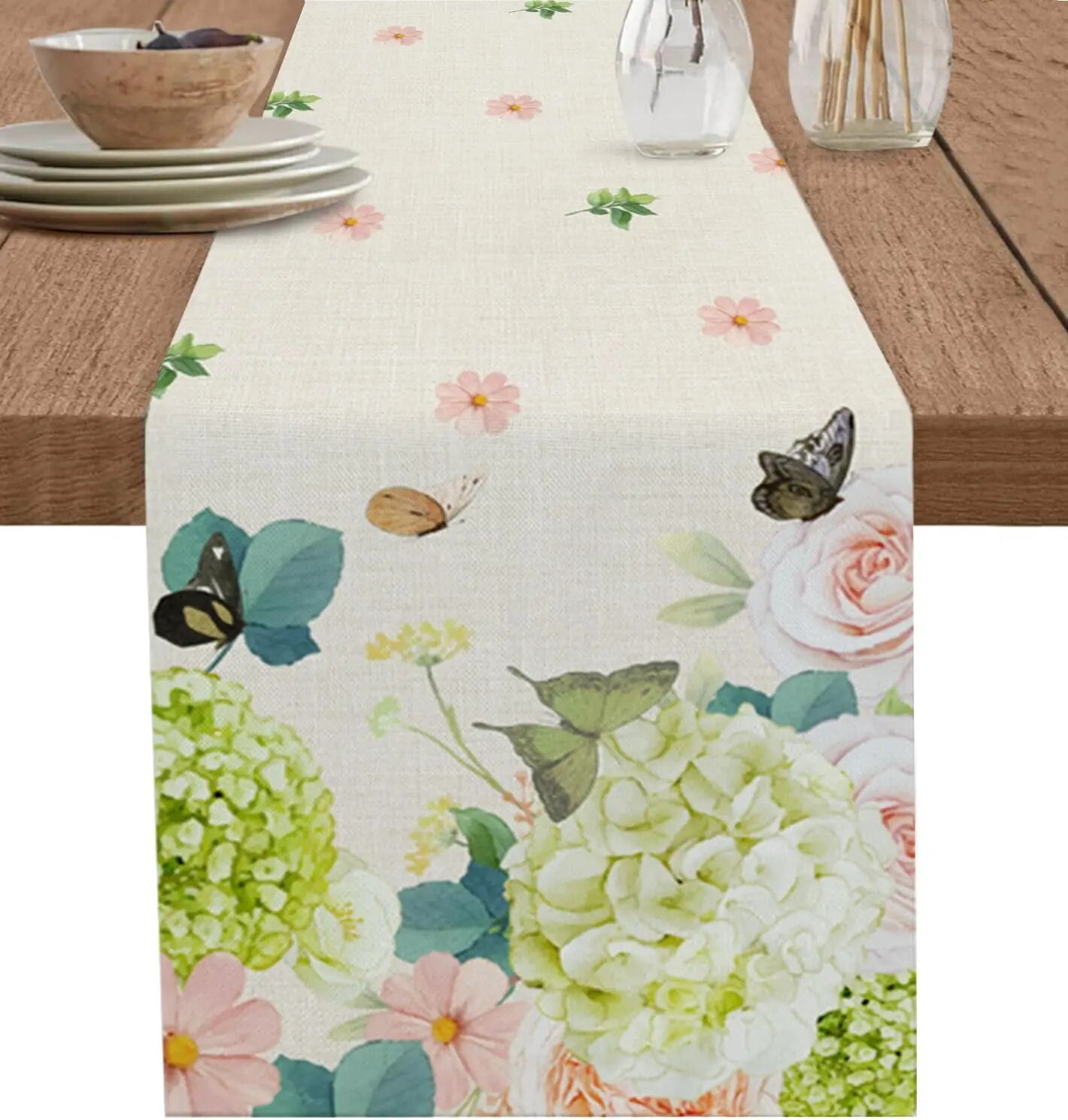 Green Hydrangea Flowers Butterfly Linen Table Runner Dresser Scarves