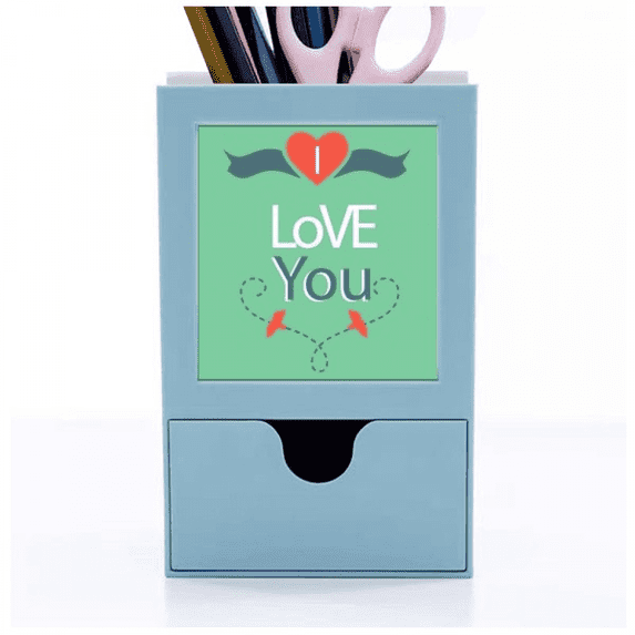 Green I Love You Valentine's Day Desk Supplies Organizer Pen Holder Card