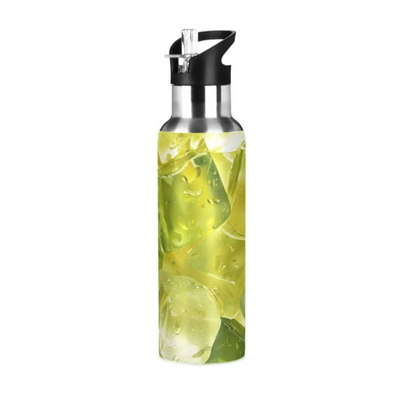 Green Ice Cubes Sports Bottle with Straw Stainless Steel Water Jug Portable Thermal Cup Leak-proof 600ML