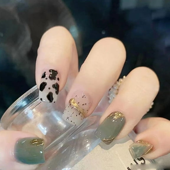 Green Ice Transparent Cows Pattern Removable Fake Nail Tip