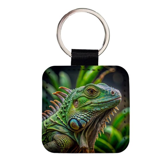 Green Iguana Lizard Reptile Faux Leather Square Keychain