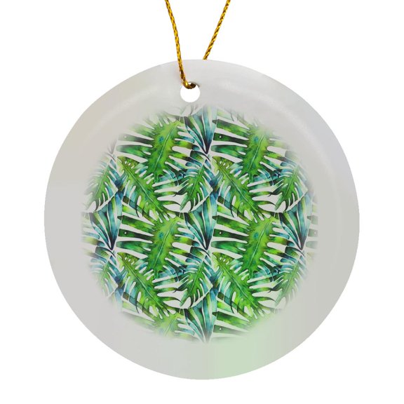 3drose, Green Image of Watercolor Tropical Leaves Pattern, Circle Porcelain Ornament