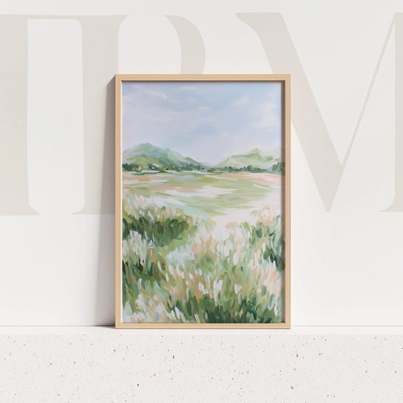 Green Impressionist Landscape Print, Soft Pastel Field Scenery Home Decor #386, Stretched Canvas Size 16x24