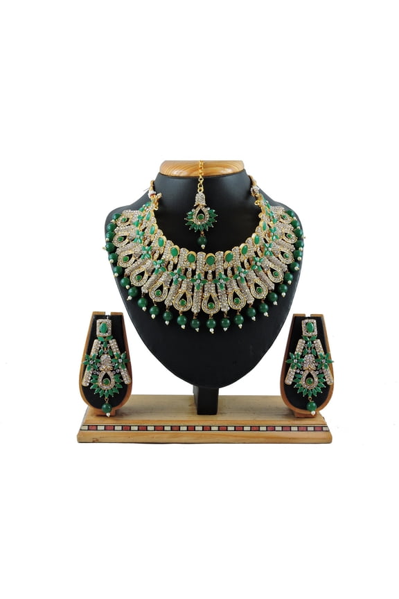 Green Indian Wedding & Bridal Wedding & Bridal Bollywood Fashion Style Gold Plated Necklace Earrings Kundan Jewelry Set