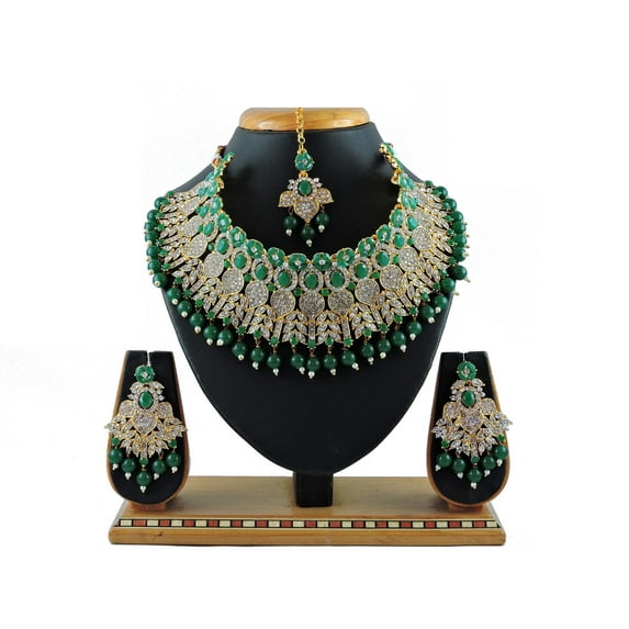 Green Indian Wedding & Bridal Wedding & Bridal Bollywood Fashion Style Gold Plated Necklace Earrings Kundan Jewelry Set