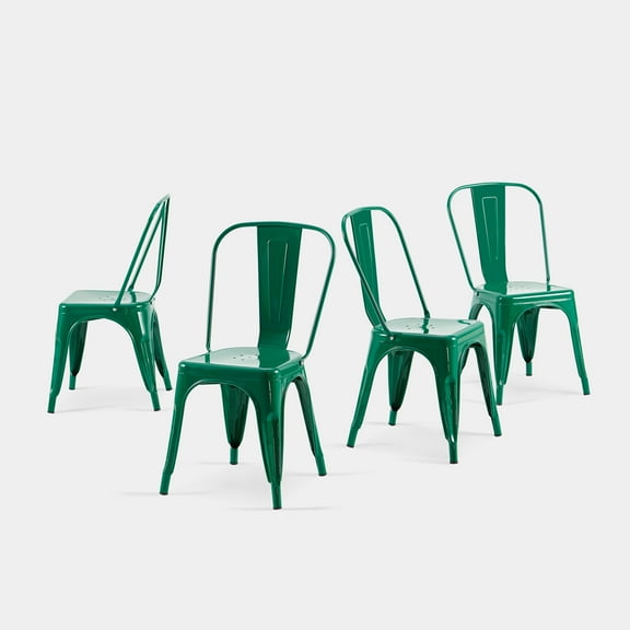 Green Industrial Metal Dining Chairs 18 Inch Seat Height Stackable, Set of 4