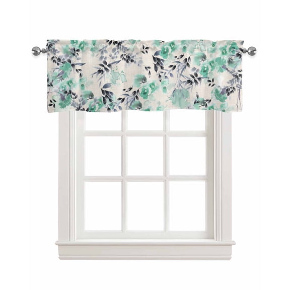Green Ink Floral Linen Curtain Valance for Bedroom/Bathroom/Kitchen/Office/Living/Dining Room Windows,Retro Abstract Painted Flower Leaves Rod Pocket Topper Drapes Decorative Cafe Drapery Panel 54x18