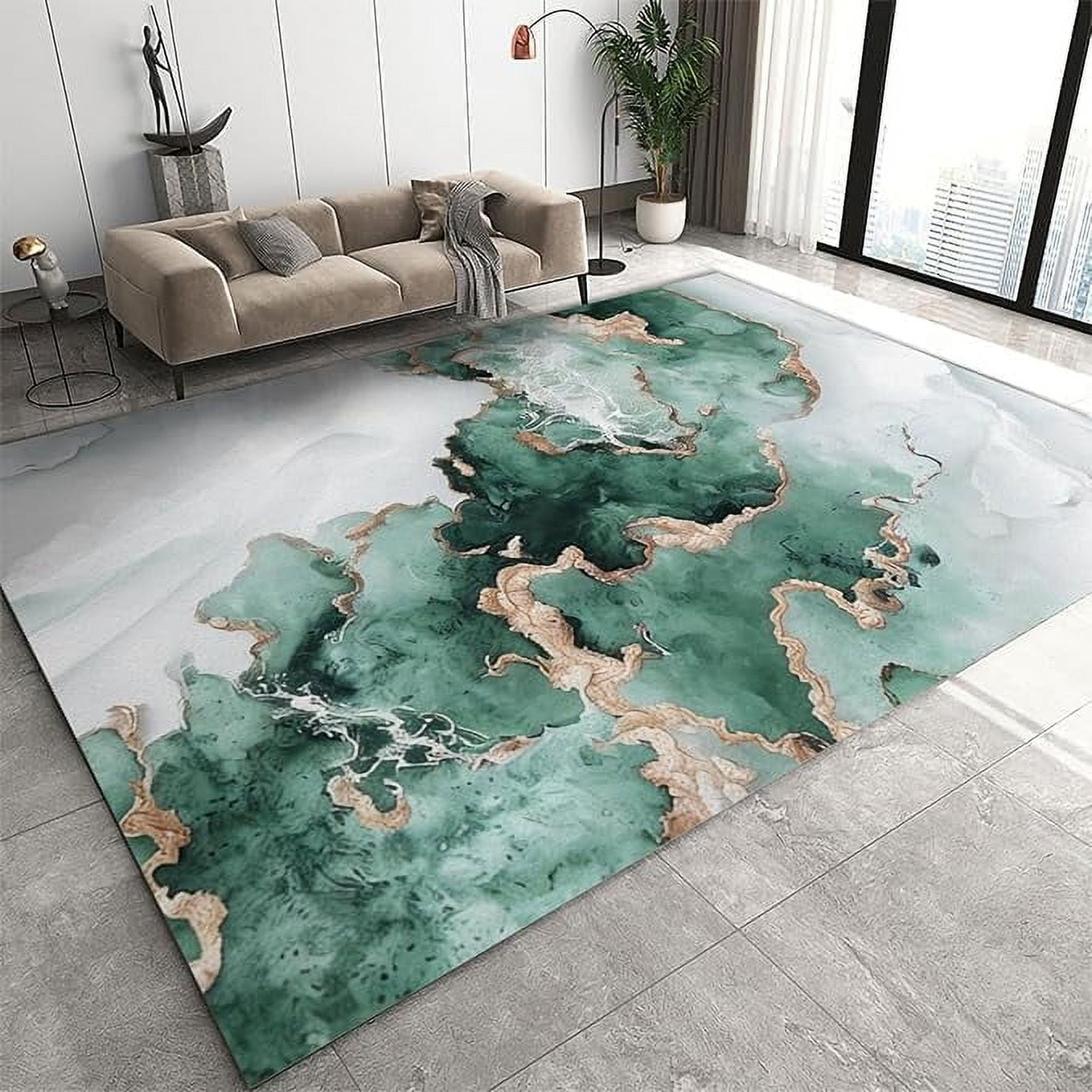 Green Ink Fluid Marble Area Rug, Luxury Platinum Agate Texture Indoor ...