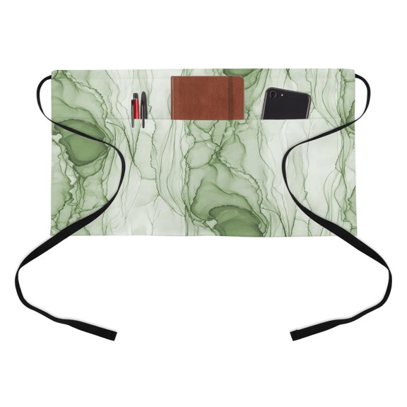 Green Ink Marble Kitchen Restaurant Half Waist Apron, Coastal Nautical Water Ripples Abstract Server Short Apron with 3 Pockets Waterproof Oil Waist Aprons for Women Waitress Waiter