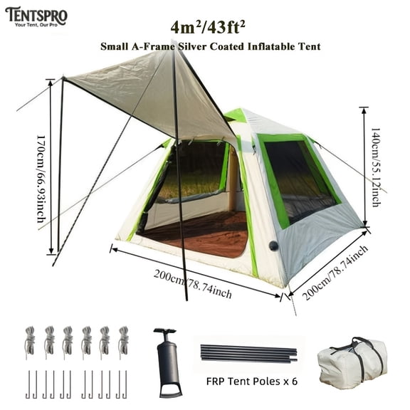 Green Integrated Inflatable Tent with Silver Coated Awning, Portable Design. 3-sided mesh panels for anti-mosquito ventilation. Waterproof & UV-resistant sun shelter, C-67710831942