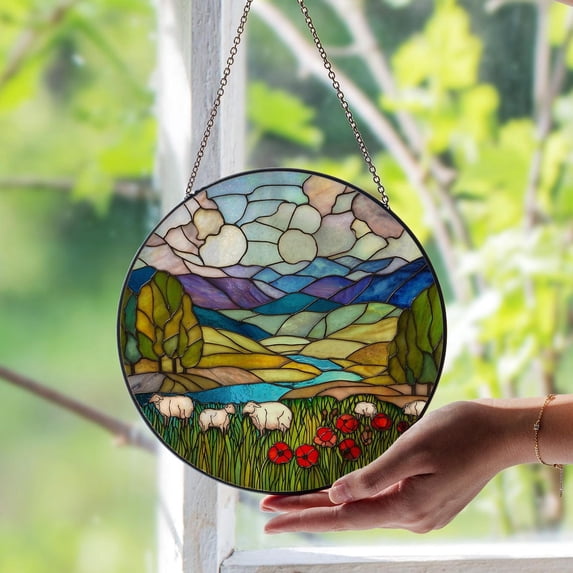 Green Irish Hills Glass Suncatcher, Serene Landscape Art, Celtic Nature Ireland Lover, 6.3 in
