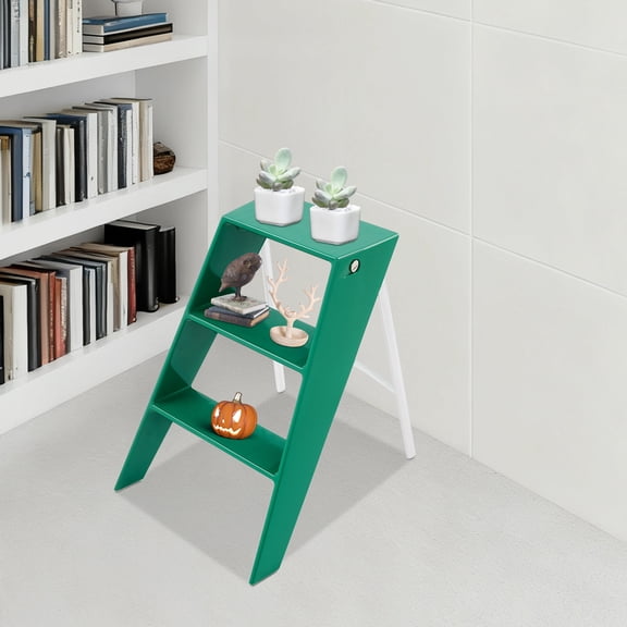 Green Iron 44x58x61cm Three-Step Ladder Bearing 110kg Shelf Folding Herringbone Ladder Stool Storage Rack