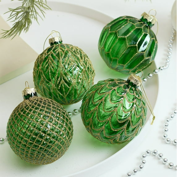 Green Irregular Shaped Glass Christmas Ball Ornaments, Set of 4 Handmade 3.14 Inch Shatterproof Tree Decorations for Xmas, Holiday Home Party Decor, Unique Gift Idea