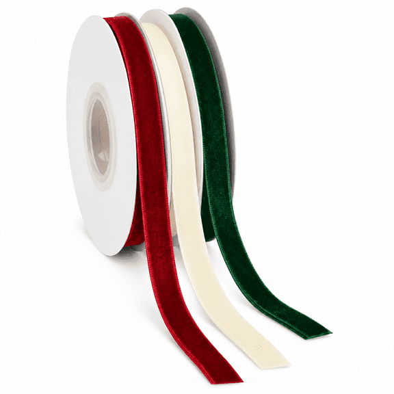 Green/Ivory/Burgundy Velvet Christmas Ribbon, 21', 3 Pack