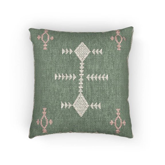 Green, Ivory and Muted Rose Geometric Decorative Woven Pillow, Cotton-Polyester Shell, Southwestern Style