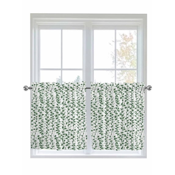 Green Ivy Leaves 2 Panel Kitchen Curtains for Small Windows, Spring Plants Botanical Modern Country Bathroom Tier Curtain, Short Window Treatment for Bedroom/Living Room 55"x24"